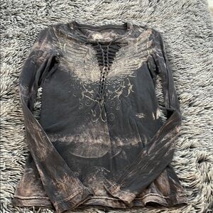 Gray Affliction Graphic Cut Out Long Sleeve Tee